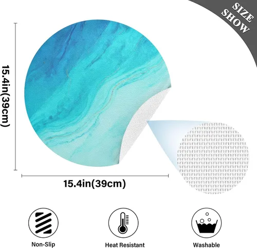 Vista 4 de Juego de manteles individuales redondos de PVC antideslizantes y resistentes al calor, diseño de mármol azul con vetas doradas, 1 paquete