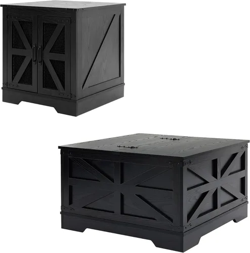 Vista 17 de Mesa de centro negra con almacenamiento, mesa de cóctel con parte superior elevadora con bisagras, mesa central cuadrada de madera con gran