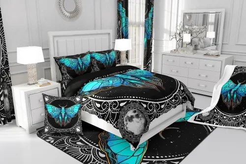 Vista 4 de Erosebridal Juego de funda de edredón de polilla azul, tamaño individual, para niños y niñas, estilo bohemio, floral, mandala, color blanco y negro