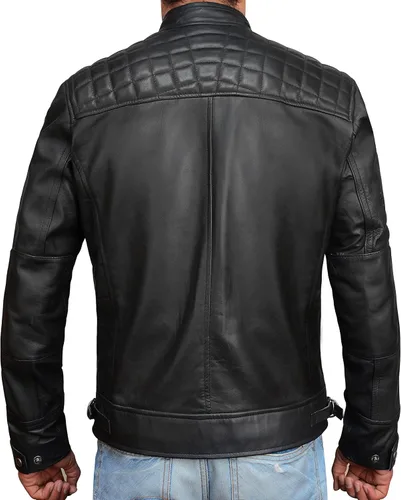 Vista 5 de Men's Café Racer Retro Diamond Quilted Exotic Vintage Motorcycle Biker Style Lambskin Leather Jacket