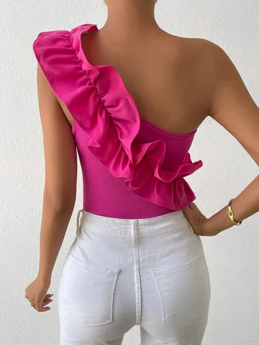 Vista 2 de MakeMeChic Body liso de un hombro sin mangas con volantes en capas para mujer