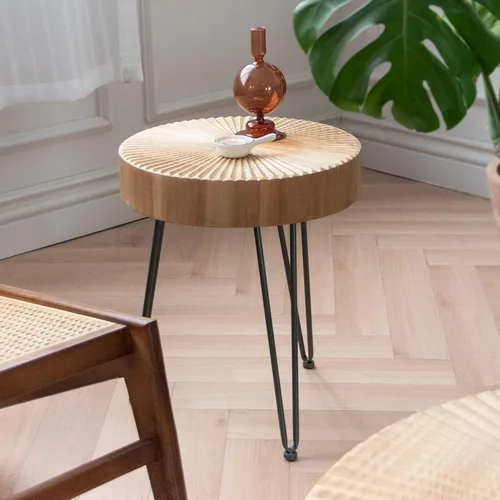 Vista 5 de Juego de mesa de centro estilo granja de 2 piezas, redonda con patrón radial de madera artesanal, juego de mesa de café moderna para sala de estar
