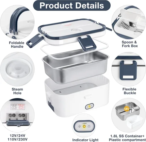 Vista 5 de hatisan Fiambrera eléctrica, calentador de alimentos portátil, lonchera térmica, contenedor de almuerzo calentador para adultos, 60 W, 1.8 L, 12