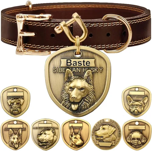 Vista 10 de Collar de cuero auténtico para perro + Juego de etiqueta para perro bulldog con relieve 3D (XS-S)