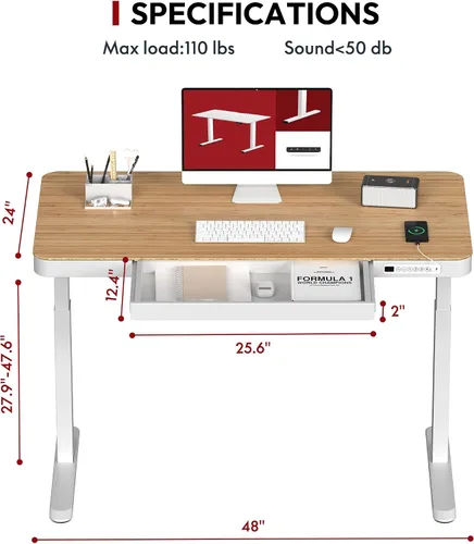 Vista 3 de SANODESK Escritorio eléctrico de una pieza ajustable en altura con cajón Textura de bambú de 48