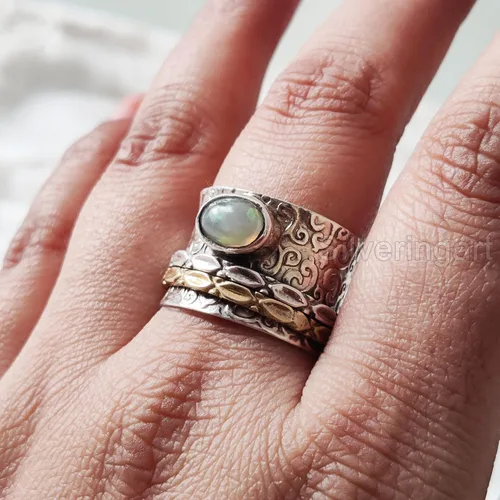 Vista 3 de Natural Opal Spinner Band, October Birthstone, Meditation Ring, 925 Sterling Silver Ring, Spinning Ring, Two Tone Ring, Fidget Ring, Handmade
