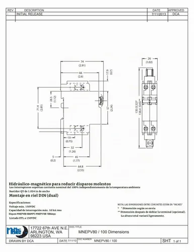 Vista 4 de Midnite Solar Disyuntor, 100A 150VDC, 1-Polo, Montaje DIN, Modelo MNEPV100
