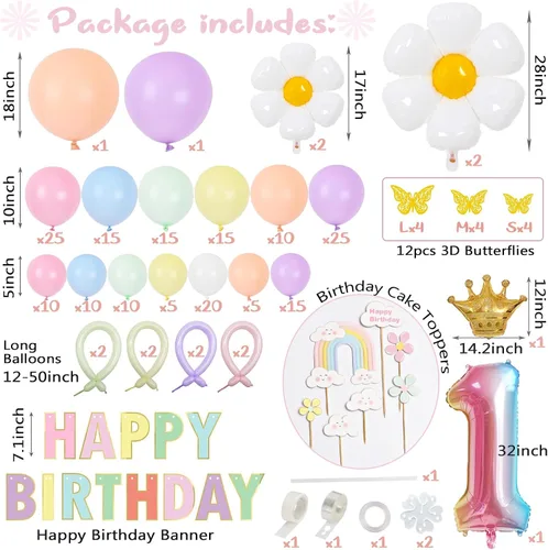Vista 5 de Decoraciones de primer cumpleaños para niña, 219 margaritas para primer cumpleaños, kit de arco de globos pastel, pancarta de feliz cumpleaños