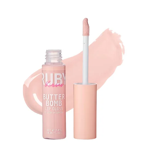 Vista 21 de Ruby Kisses Brillo de labios Butter Bomb Gloss, brillo de labios no pegajoso, vitamina E, tono natural desnudo, maquillaje de labios - 7.8mL