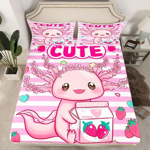 Vista 5 de Lindo Axolotl - Sábana bajera ajustable para niños, tamaño individual, juego de ropa de cama de animales marinos de dibujos animados, decoración