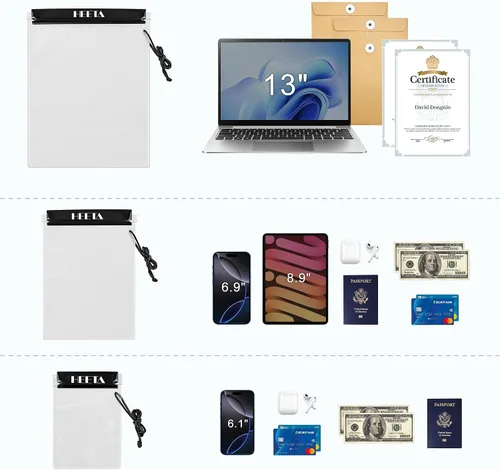 Vista 9 de HEETA Paquete de 5 bolsas secas transparentes impermeables, estuches herméticos, bolsas secas, soporte para documentos para cámara, teléfono