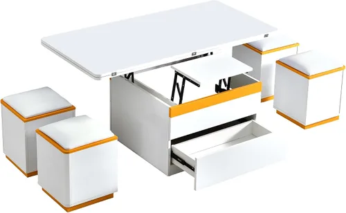 Vista 8 de Mesa auxiliar elevable con 4 taburetes de almacenamiento, moderna mesa central de ahorro de espacio con parte superior plegable, mesa de centro