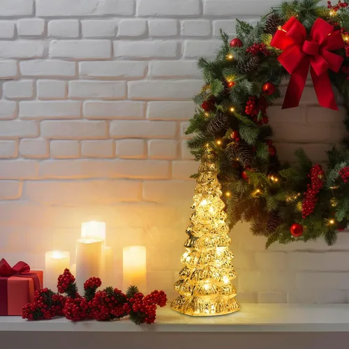Vista 5 de Árbol de Navidad de vidrio decorativo con luz LED: 13.5" de alto, adorno de mesa de batería para las fiestas, decoración navideña de vidrio