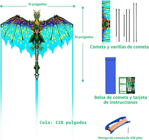 Vista 3 de Mint's Colorful Life Dragon Kite for Kids & Adults, Easy to Fly Best Beach Kites for Beginners, 300ft Kite String Included Verde