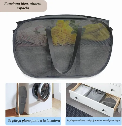 Vista 5 de Cesta de lavandería plegable mejorada de 100 L, cesta de lavandería desplegable de malla extragrande, cesta de ropa sucia con asas largas, cestas