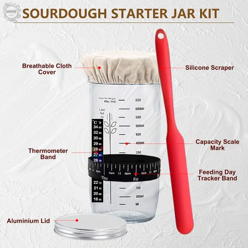 Vista 2 de Kit completo de iniciador de masa madre, canasta de fermentación de pan Banneton con frasco de vidrio para iniciador de masa madre, suministros