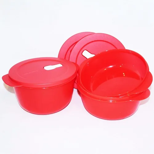 Vista 3 de Tupperware Juego de 3 cuencos para microondas Crystalwave de 4.25, 6.25 y 8.5 tazas, color rojo