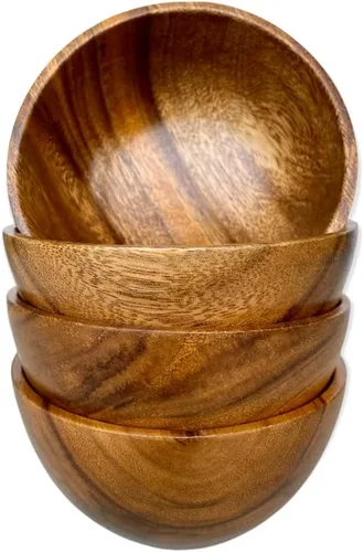 Vista 13 de Juego de ensaladera de madera de acacia – 9” Cuenco redondo artesanal con 2 servidores de madera, vajilla rústica y duradera para ensaladas, frutas