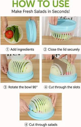 Vista 2 de Cortador de ensalada 2 en 1 y picador de verduras, máquina rápida de 60 segundos, plástico de grado alimenticio sin BPA, rebanador manual fácil