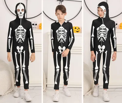 Vista 3 de Disfraz de esqueleto de Halloween que brilla en la oscuridad, overol negro de hueso aterrador para niños y niñas de 6 a 14 años