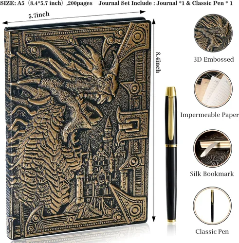 Vista 5 de Cuaderno de escritura de diario de dragón en relieve 3D con juego de bolígrafos, diario DND de tapa dura hecho a mano, bloc de notas diario