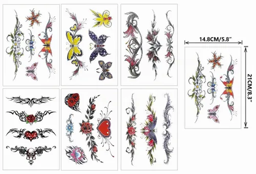 Vista 2 de Flores Mariposa Cuerpo Cintura Impermeable Falso Tatuaje Temporal Pegatinas Mujer