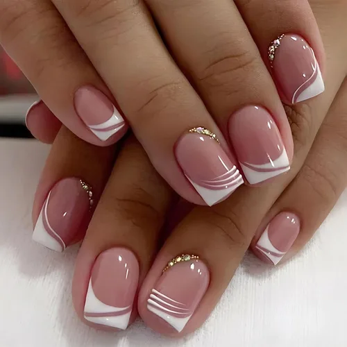 Vista 30 de Uñas postizas a presión de mariposa - Uñas falsas cortas cuadradas con diseños en relieve 3D, punta francesa blanca, acabado mate, acrílico rosa