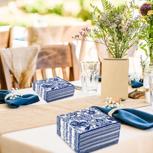 Vista 5 de AnyDesign 80 servilletas de papel florales azules, desechables, retro, con flores, para almuerzo, postre, cena, servilletas de mano para cumpleaños