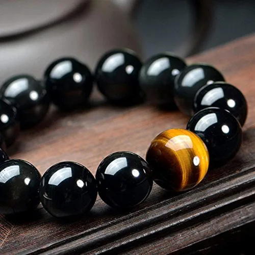 Vista 5 de SX Commerce Pulsera de obsidiana natural negra de piedra natural de 0.394in o 0.472in con un ojo de tigre único, buen regalo para hombres y mujeres