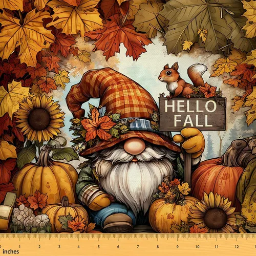 Vista 27 de The Yard - Tela con texto en inglés «Hello Fall», 36 pulgadas de largo x 59 pulgadas de ancho, hojas de árbol de calabaza otoñal, tela de tapicería