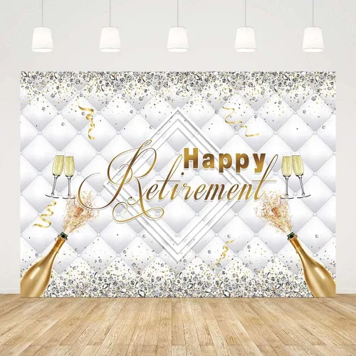 Vista 2 de SENDY Telón de fondo de feliz jubilación de 7 x 5 pies con purpurina de diamante dorado plateado para decoración de fiesta, felicitaciones