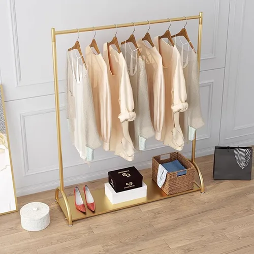 Vista 2 de Perchero moderno de metal para colgar ropa, perchero dorado con estantes, organizador de ropa de pie para dormitorios y boutiques, perchero de una