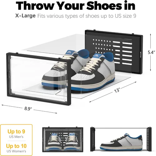 Vista 5 de SEE SPRING Cajas de almacenamiento de zapatos, organizador de zapatos apilable de plástico blanco para armario, zapatero y soporte para tenis, Negro