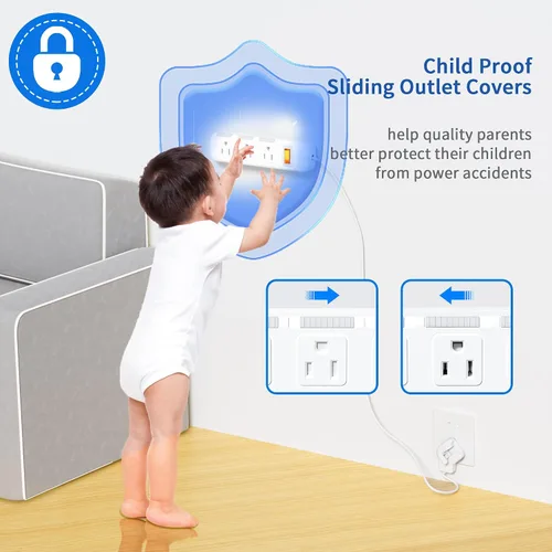 Vista 4 de Regleta de Enchufes Planos Ultra-Delgados Protector contra Sobretensiones 3 Tomacorrientes, Cable de Extensión 3 pies 3 Clavijas, 300J, 10A/1250W