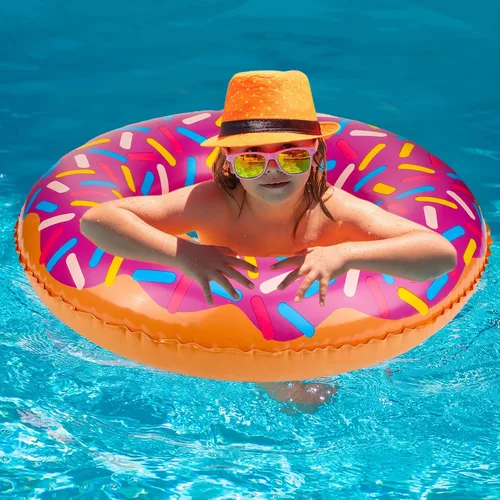 Vista 5 de Meooeck 12 piezas de donas inflables surtidas inflables para piscina, flotadores de tubo circular, decoración de fiesta de cumpleaños, globos