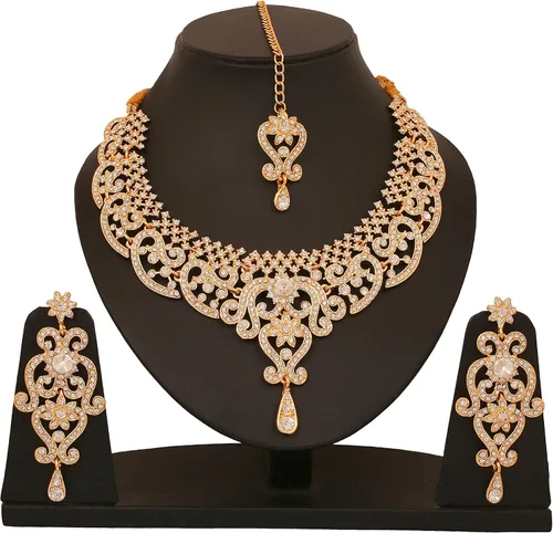 Vista 9 de Conjunto precioso de collar con look real Indian Bollywood, maravillosamente decorado, conjunto de collar adornado para mujer.