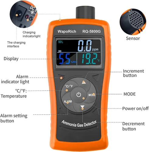 Vista 2 de Detector de gas de amoníaco, monitor NH3 de 0 ~ 100 PPM, detector de gas WapoRich NH3, medidor digital de amoníaco con alarma, temperatura (℉/℃)