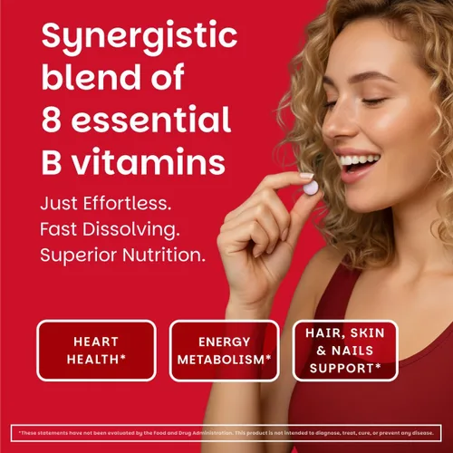 Vista 2 de EZ Melts Complejo B disoluble – Complejo de vitamina B – Proporciona metabolismo energético y apoyo a la salud del corazón – con B12 metilado