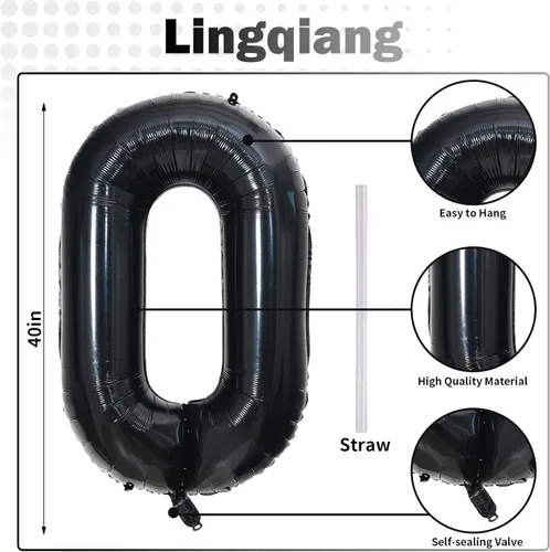 Vista 2 de Globos negros del número 10 para decoraciones de cumpleaños número 10, globos de helio de mylar de lámina de 40 pulgadas negros del número 1 & 0