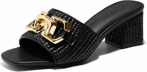Vista 6 de Coutgo Sandalias de cuña con tacón grueso de rafía para mujer, con punta abierta, cuadradas, con cadena metálica, sin cordones, elegantes