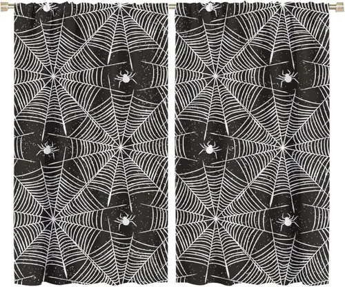 Vista 83 de Cortinas opacas de tela de araña aterradora para niños, tela de araña en blanco y negro, fondo rojo, dormitorio de niños, guardería, decoración