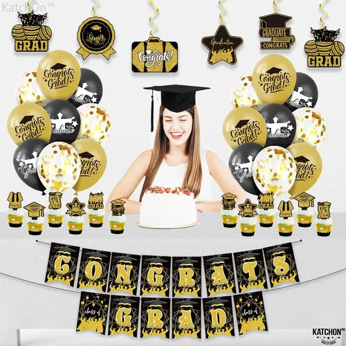 Vista 5 de KatchOn, Cartel de graduación de felicitaciones negras y doradas – Paquete de 37 Cartel de graduación de felicitaciones para decoraciones