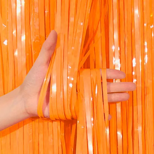 Vista 7 de Paquete de 2 cortinas de flecos metálicos de aluminio azul y naranja para decoraciones de fiesta, cortina de fondo azul y naranja para fiesta