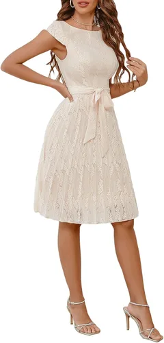 Vista 3 de Floerns Vestido corto elegante de encaje floral con dobladillo plisado y cinturón para mujer