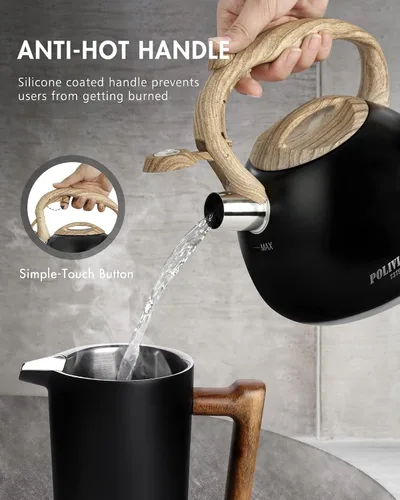 Vista 4 de POLIVIAR - Hervidor de té para estufa negro Ti, hervidor de té silbante de 2.7 cuartos de galón, tetera de acero inoxidable de grado alimenticio