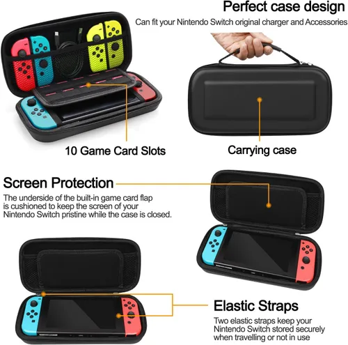 Vista 4 de Paquete de accesorios para Nintendo Switch kit con funda de transporte protector de pantalla base de carga soporte de juego compacto funda