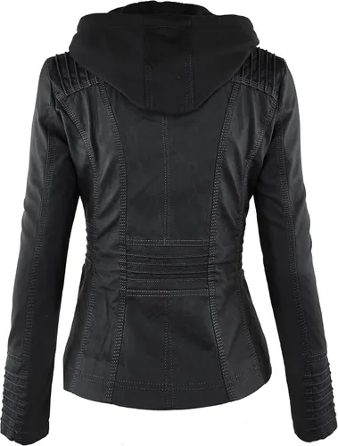 Vista 2 de Chaqueta Made By Johnny MBJ de piel sintética, estilo motociclista, con capucha, para mujer