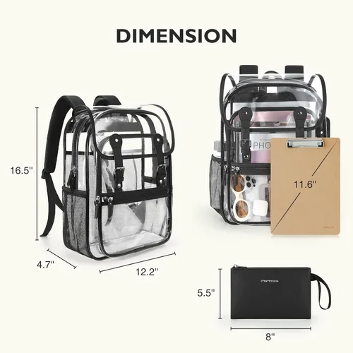 Vista 6 de mommore Mochila transparente resistente de PVC grueso con bolsa para lápices, 2 compartimentos, mochila transparente