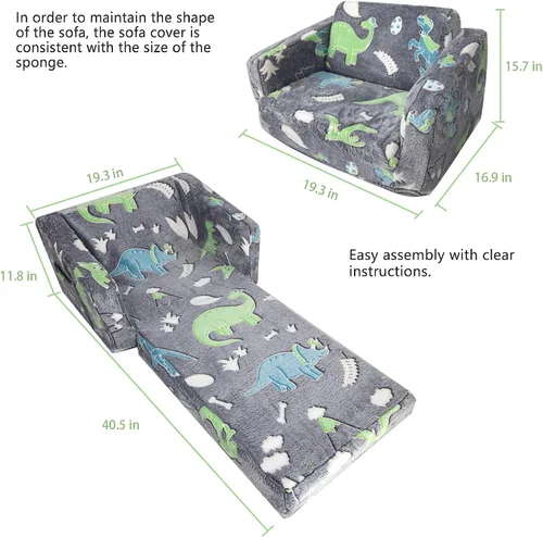 Vista 2 de Asou Sofá infantil que brilla en la oscuridad, sofá plegable para jugar, mini sofá de dinosaurio para niños pequeños