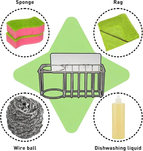 Vista 5 de Soporte de esponja 3 en 1 para fregadero de cocina con soporte para cepillo de platos de acero inoxidable para colgar fregadero organizador